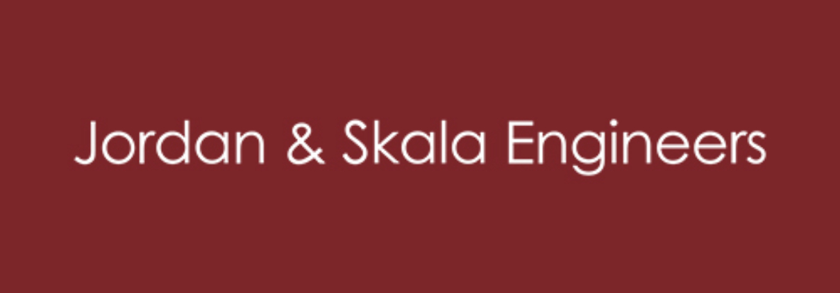 Burgundy-colored background image and white-colored logo of Jordan & Skala Engineers: MEP, Sustainability, and Low Voltage Design Consultants.