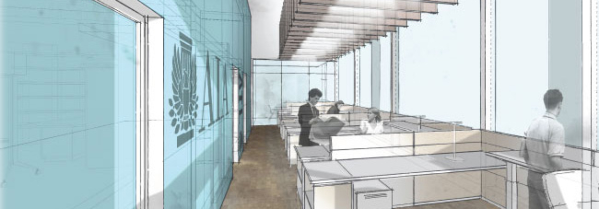 Illustration image of an office space to represent that MEP office firm, Jordan & Skala Engineers, was hired by AIA Atlanta and AIA Georgia to design their office spaces.