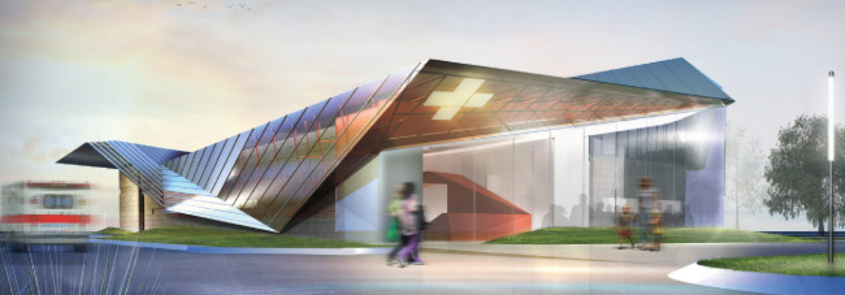 Rendering image provided by 5G Studios of a blurred emergency medical care facility in which Jordan & Skala Engineers provided MEP Engineering services to.