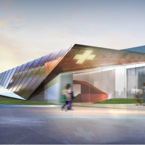 Rendering image provided by 5G Studios of a blurred emergency medical care facility in which Jordan & Skala Engineers provided MEP Engineering services to.