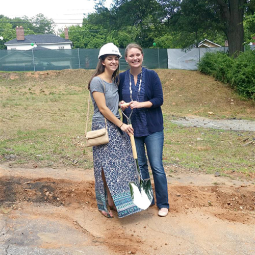 Image of Marg Grace Milam and Michelle King on a construction site visit during Mary Grace's summer intership at Jordan & Skala