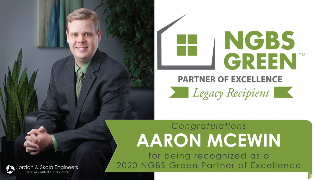 Headshot of Aaron McEwin placed beside a white background with text overlayed reading "NGBS GREEN Partner of Excellence Legacy Recipient"