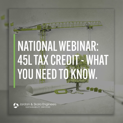 Green crane hovering over a tree shaped as a house with text overlayed. Text reads "National Webinar: 45L Tax Credit: What You Need to Know"